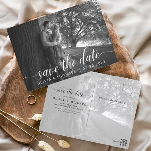 Modern Save the Date White Handwritten Photo Postcard