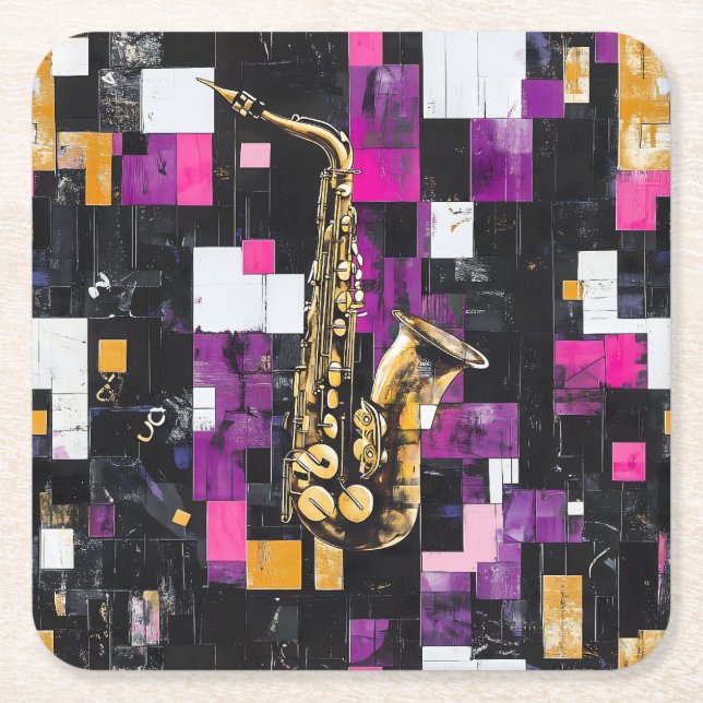 Modern saxophone pattern square paper coaster (Front)