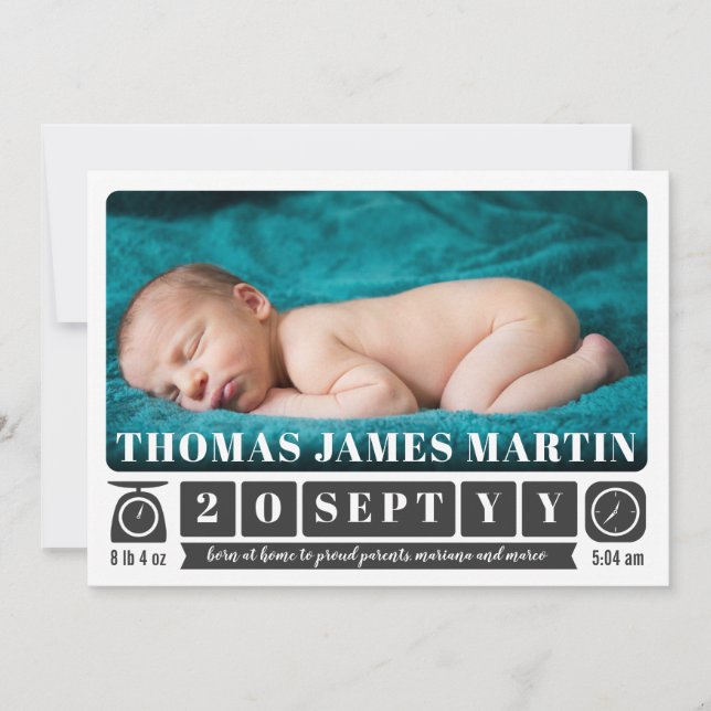 Modern Scale and Clock Photo Birth Announcement (Front)