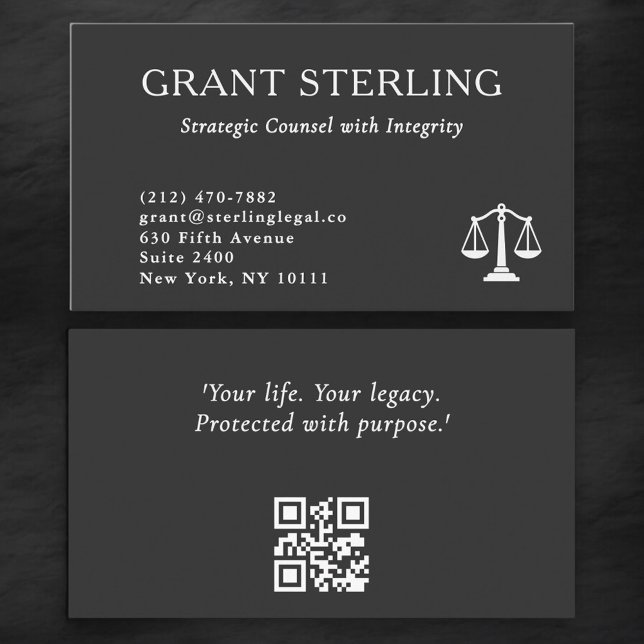 Modern Scales of Justice Grey White Legal QR Code  Business Card (Creator Uploaded)
