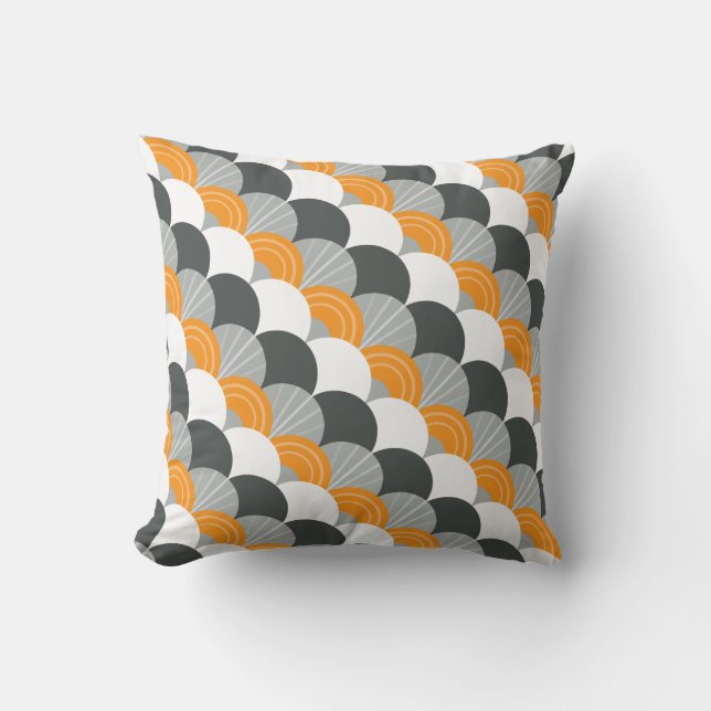 MODERN scallop fan pattern charcoal grey orange Throw Pillow (Front)