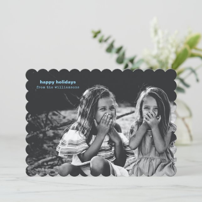 Modern Scalloped Black White Happy Holidays Photo Holiday Card (Standing Front)