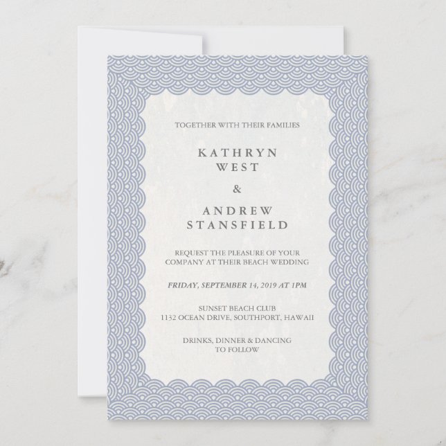Modern Scalloped Japanese Seigaiha Beach Wedding Invitation (Front)