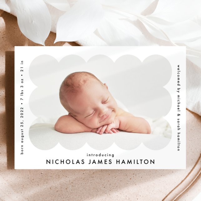 Modern Scalloped Photo Frame Birth Announcement (Creator Uploaded)