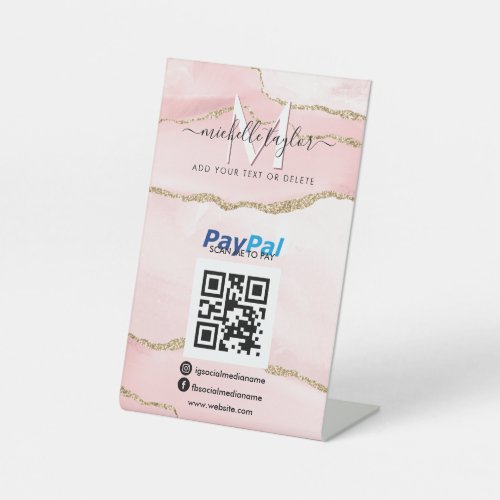Modern Scan to Pay PayPal QR code Monogram Blush  Pedestal Sign