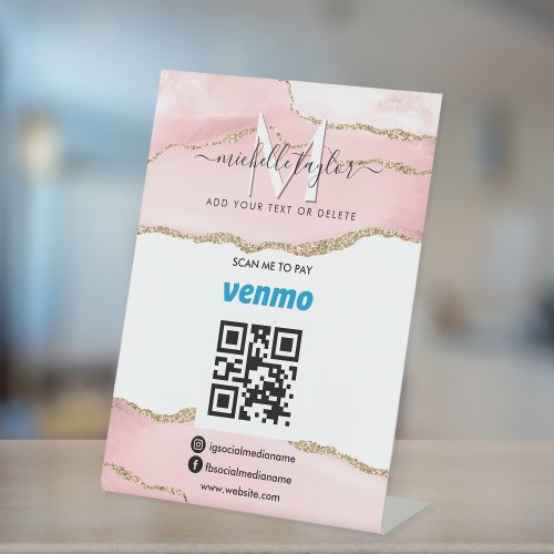 Modern Scan to Pay Venmo QR code Monogram Blush  Pedestal Sign