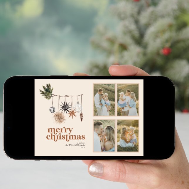 Modern Scandi Boho Neutral Family 4 Photo Merry Holiday Card (Front Digital)