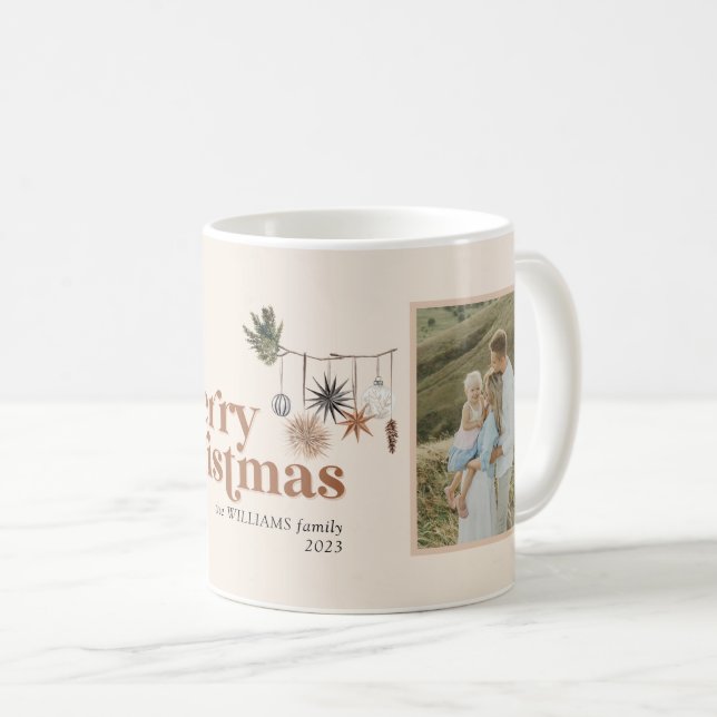 Modern Scandi Boho Neutral Merry Christmas 2 Photo Coffee Mug (Front Right)