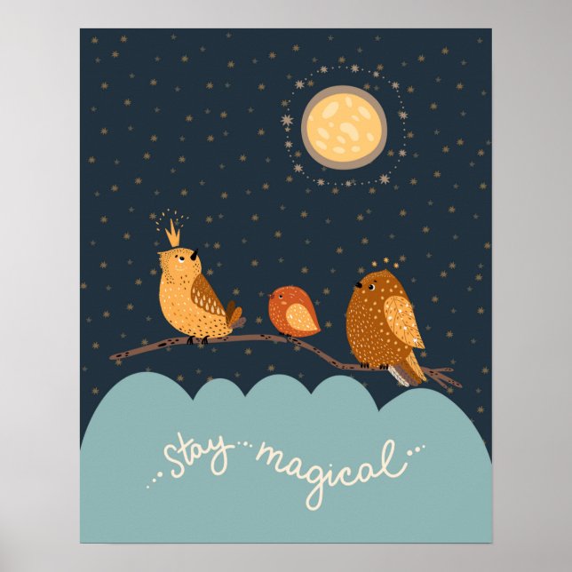 Modern scandi cute birds stay magical  nursery poster (Front)