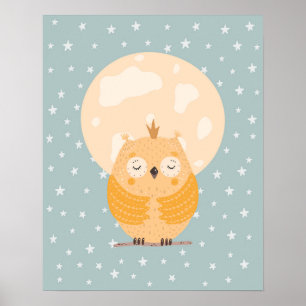 Modern scandi cute sleepy owl nursery poster