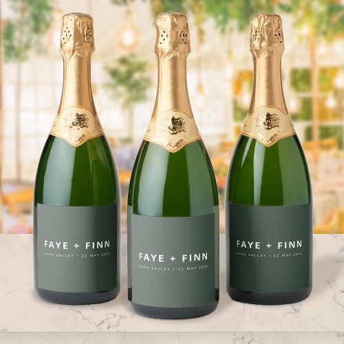 Modern Scandi  Forest Green Minimal Wedding Sparkling Wine Label