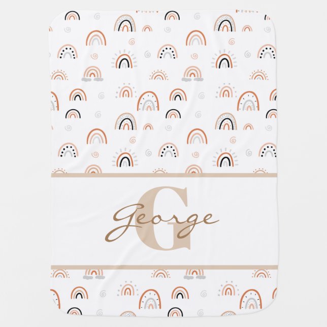 Modern scandi neutral rainbow personalised baby blanket (Front)