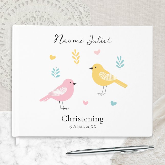 Modern Scandi Pastel Birds Baby Girl Christening Guest Book (A pretty guest book for baby's Christening, with modern pastel birds design and custom name and date)