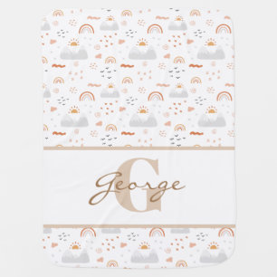 Modern scandi rainbow and mountains personalised baby blanket