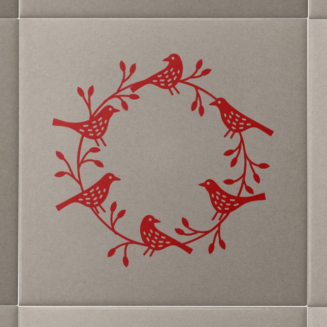 Modern Scandinavian Bird and Rosehip Wreath Ceramic Tile (Red Scandinavian bird wreath ceramic tile)