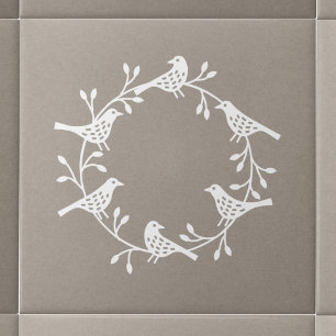 Modern Scandinavian Bird and Rosehip Wreath Ceramic Tile