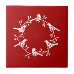 Modern Scandinavian Bird and Rosehip Wreath Ceramic Tile<br><div class="desc">Scandi bird and rose hip wreath papercut style design.  White on a red background, </div>