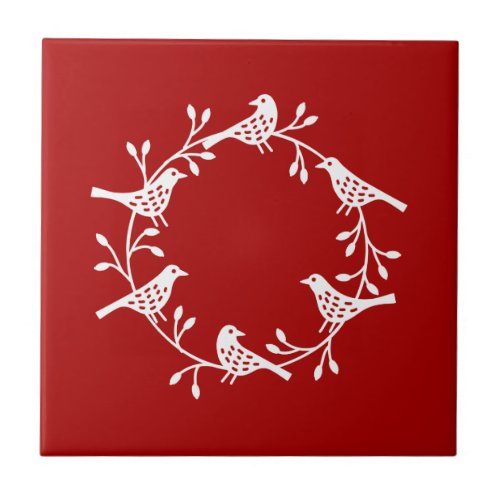 Modern Scandinavian Bird and Rosehip Wreath Ceramic Tile