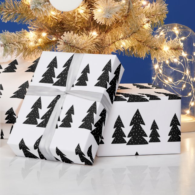 Modern Scandinavian Black Christmas Tree Pattern Wrapping Paper (Holidays)