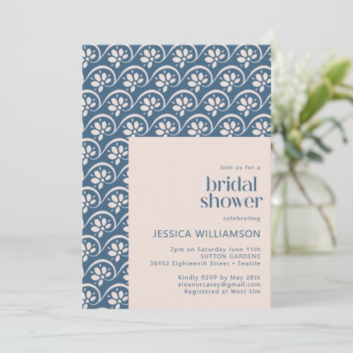 Modern Scandinavian Blue Floral Bridal Shower Invitation