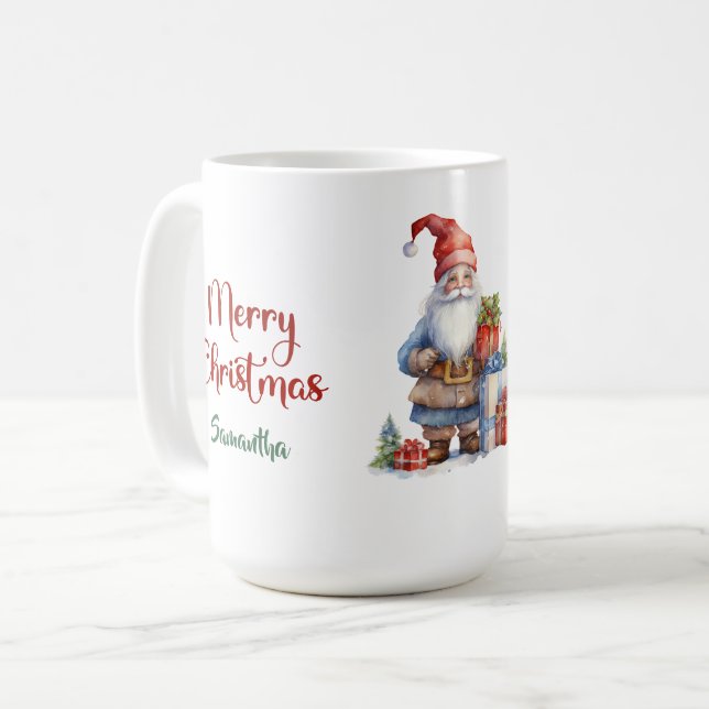 Modern Scandinavian Christmas gnome with gifts Coffee Mug (Front Left)