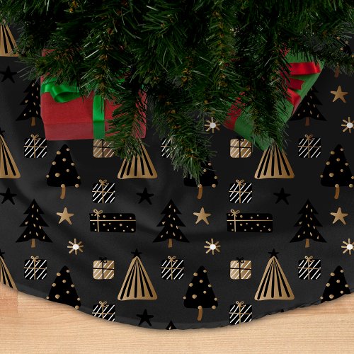 Modern Scandinavian Christmas Pattern Black Gold Brushed Polyester Tree Skirt