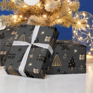 Modern Scandinavian Christmas Pattern Black Gold Wrapping Paper