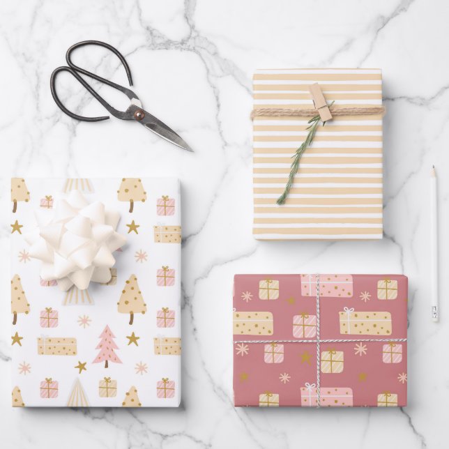 Modern Scandinavian Christmas Patterns Beige Pink Wrapping Paper Sheets (Front)
