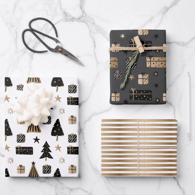 Modern Scandinavian Christmas Patterns Gold Black Wrapping Paper Sheets (Front)