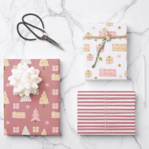 Modern Scandinavian Christmas Patterns Pink Beige Wrapping Paper Sheets