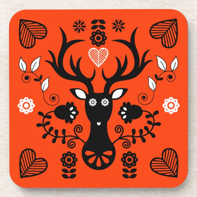 Modern Scandinavian Folk Art Deer Beverage Coaster (Front)