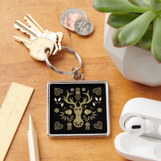 Modern Scandinavian Folk Art Deer Keychain (Desk)