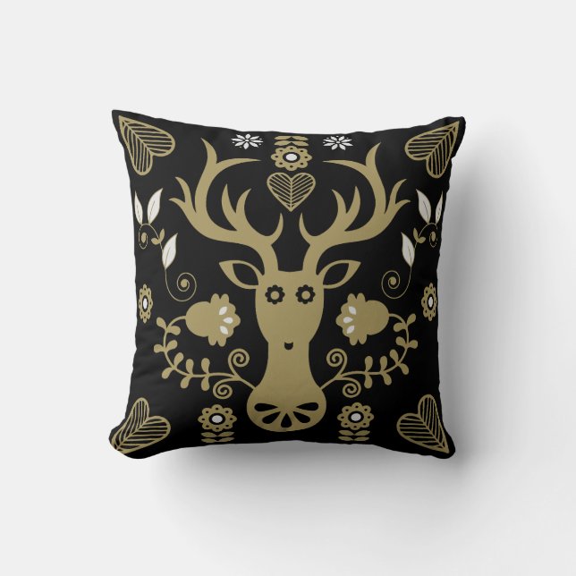 Modern Scandinavian Folk Art Deer Throw Pillow (Front)