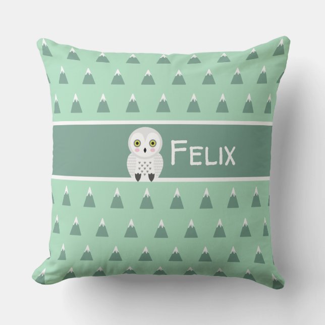 Modern Scandinavian Mountains & Owl Throw Pillow (Front)