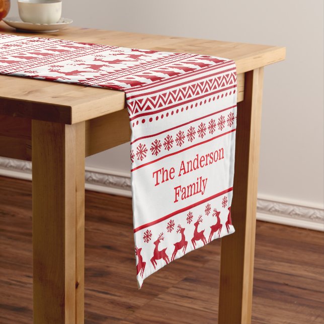Modern Scandinavian Red & White Pattern Christmas Short Table Runner (In Situ)