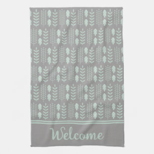 Modern Scandinavian Sage Green Leaves on Grey Kitchen Towel