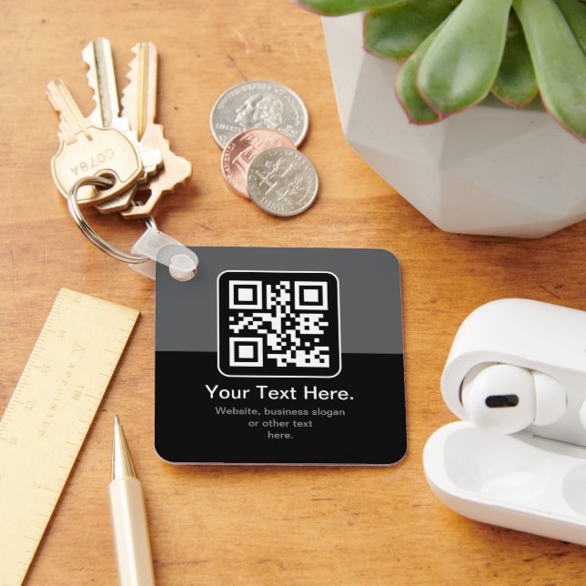 Modern Scannable QR Code | Black Grey & White Keychain (Desk)
