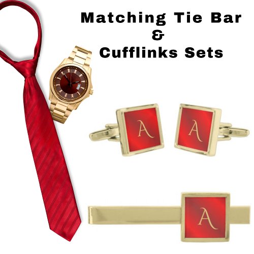 Modern Scarlet Red Brushed Metal Monogram Initials Cufflinks