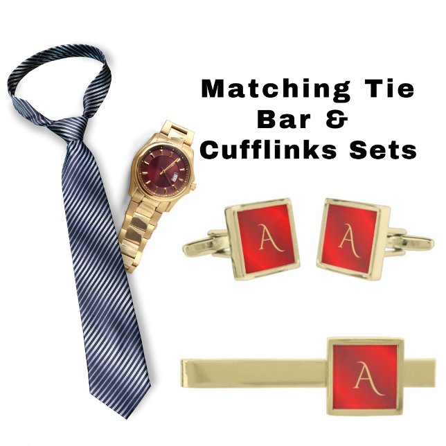 Modern Scarlet Red Brushed Metal Monogram Initials Gold Finish Tie Bar (Creator Uploaded)