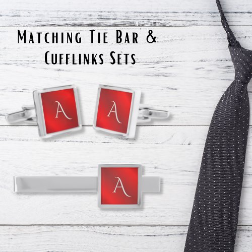 Modern Scarlet Red Brushed Metal Monogram Initials Silver Finish Tie Bar