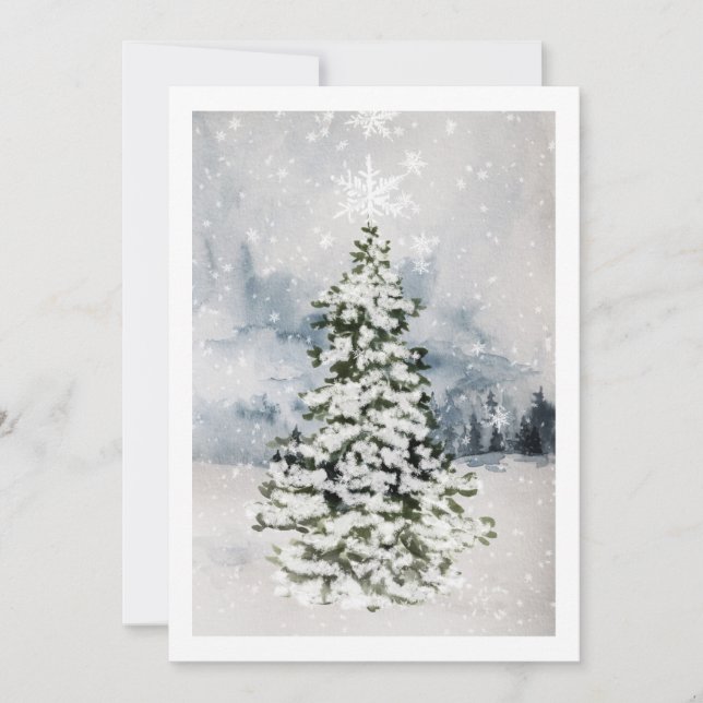 Modern Scenic Forest Snowy Christmas Tree Holiday Card (Front)