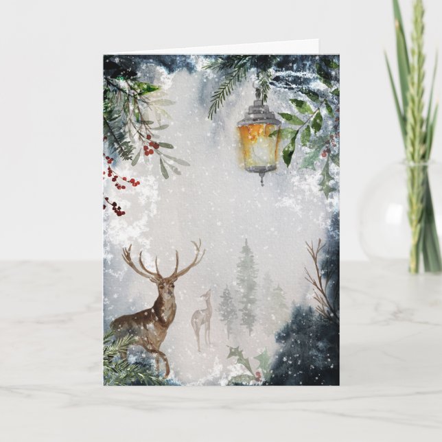 Modern Scenic Reindeer Forest Snowy Christmas Holiday Card (Front)