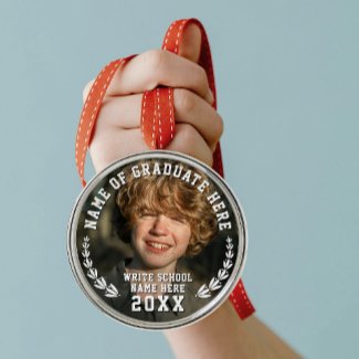 Modern School Grad Wreath Photo Medal Bold Typo