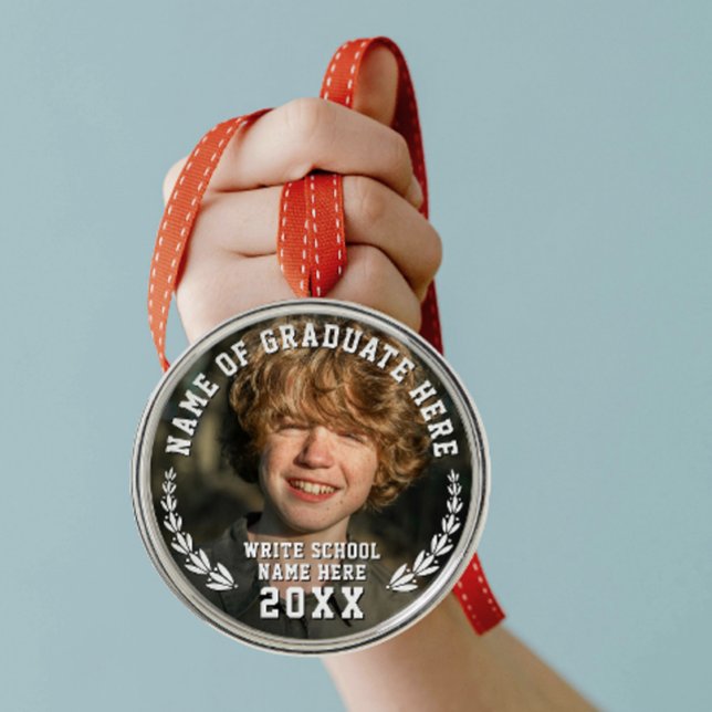 Modern School Grad Wreath Photo Medal Bold Typo Metal Ornament (Creator Uploaded)
