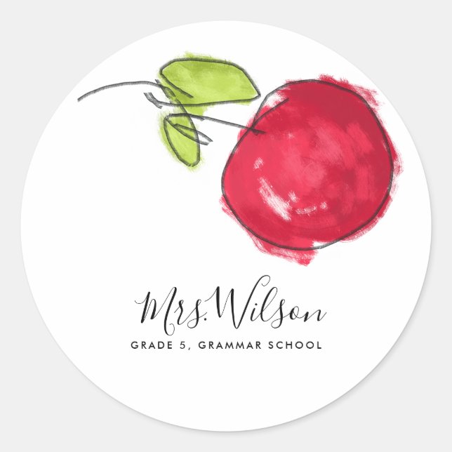 MODERN SCHOOL TEACHER OIL PAINT HAND DRAWN APPLE CLASSIC ROUND STICKER (Front)