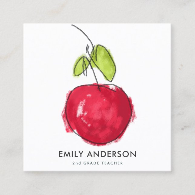 MODERN SCHOOL TEACHER OIL PAINT HAND DRAWN APPLE SQUARE BUSINESS CARD (Front)