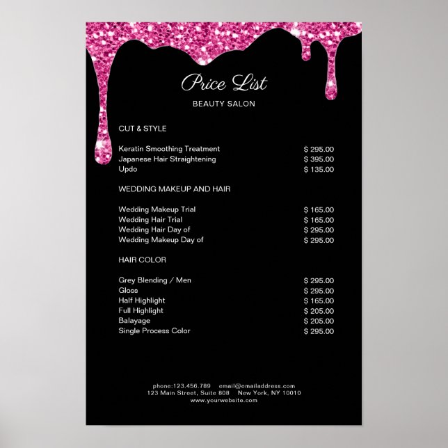 Modern Schwarz-Pink Glitter Preislisten Poster (Front)