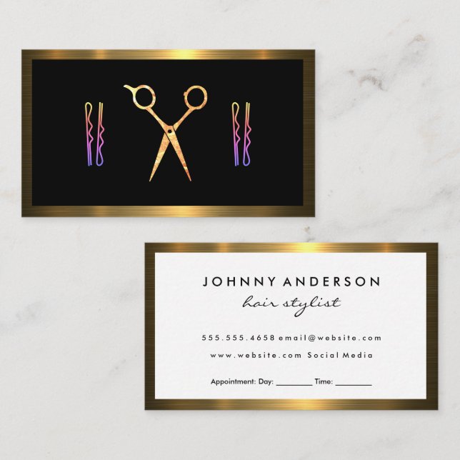 Modern Scissors | Hairpins | Gold Metallic Border Appointment Card (Front/Back)