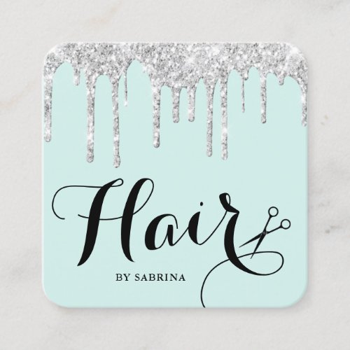 Modern scissors mint  silver glitter drips hair   square business card