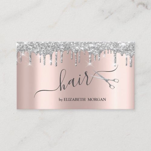 Modern Scissors Silver Glitter Drips Rose Gold Business Card